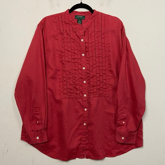 Lauren Ralph Lauren Tops - Ralph Lauren Women's 100% Linen Red Pintuck Mandarin Collar Blouse Top Size 2X